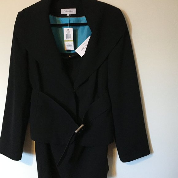 NWT!  CALVIN KLEIN Black Shawl Collar Sunday Office Dress Skirt Suit Sz 14 - Picture 4 of 7